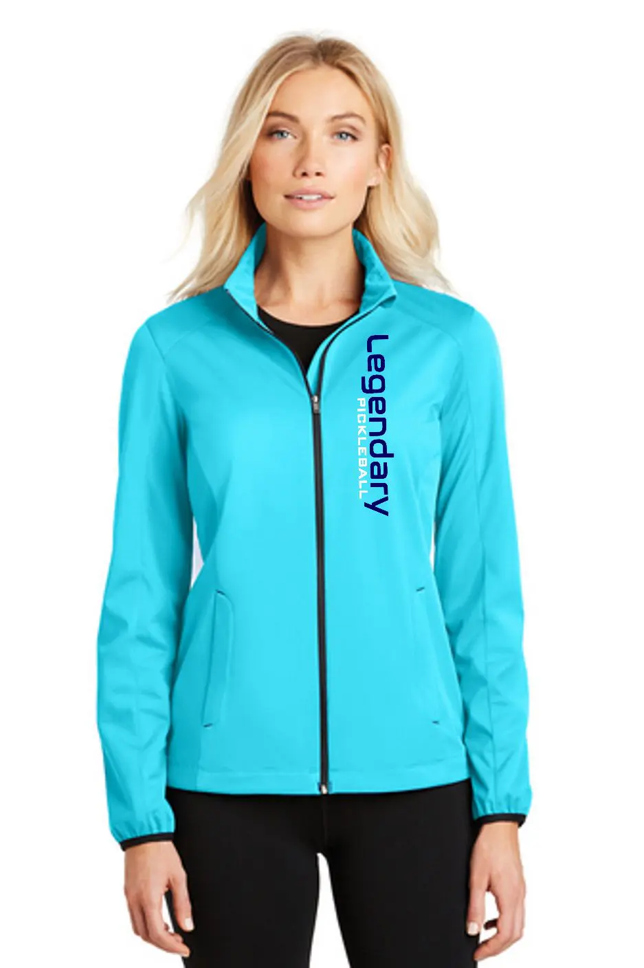 14 Days Of Legendary: Honoring Those Who Helped Make Pickleball Great &Raquo; Legendary 717L Ladies Cyan Blue Soft Shell Jacket Front