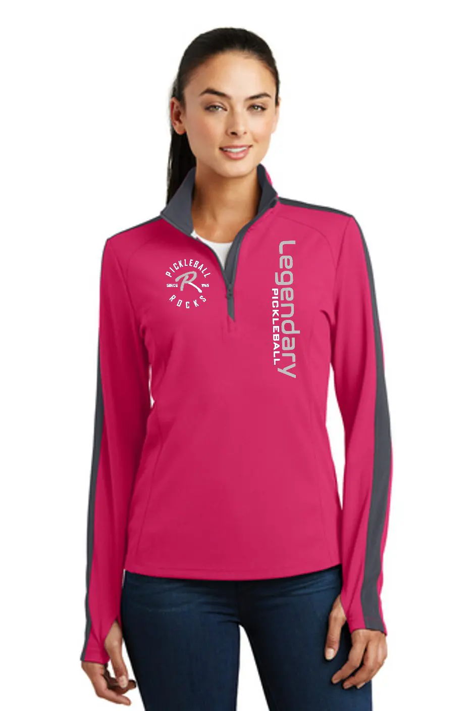 14 Days Of Legendary: Honoring Those Who Helped Make Pickleball Great &Raquo; Legendary 861Stl Ladies Colorblock Quarter Zip Raspberry And Grey Front