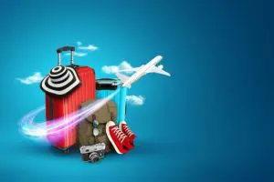 Linda Ballou Reports On Travel Trends For 2023: Leisure Travel Is Back! &Raquo; Creative Background Red Suitcase Sneakers Plane Blue Background 99433 28 300X200 1