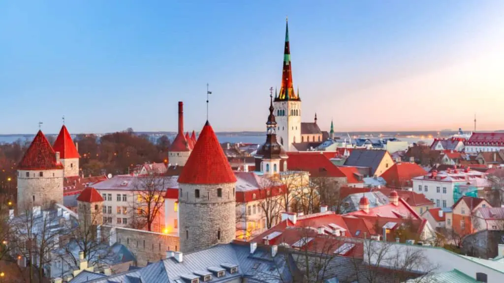 Aerial Cityscape With Medieval Old Town, St. Olaf Baptist Church And Tallinn City Wall In The Morning, Tallinn, Estonia