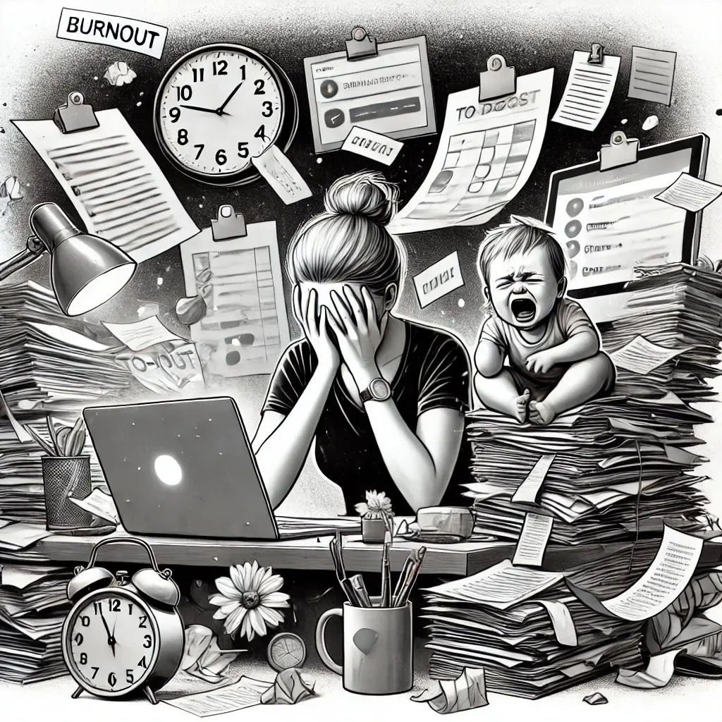 Reducing Overload: Simplify Your Commitments, Chores, And Inner Noise &Raquo; Dallc2B7E 2024 12 08 15 15 39 A Black And White Artistic Illustration Of An Overwhelmed Woman Sitting At A Desk Surrounded By Stacks Of Paperwork Digital Screens With Notification