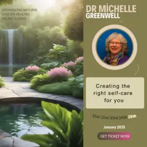 Creating The Right Self-Care For You Poster With Woman'S Picture And A Pool Side Picture With A Waterfall.