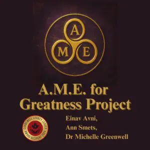Logo And Award For The Ame For Greatness Project With Circle, Triskele Symbol And The Letters Ame. 