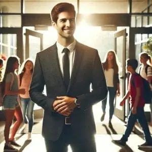 Protecting Your Most Valuable Resource: Time Strategies For School Leaders &Raquo; Dall·e 2025 02 07 09.02.10 A School Principal Standing At The Entrance Of A Busy School Warmly Greeting Students And Staff. The Leader Exudes Confidence And Calm Maintaining A 300X300 1