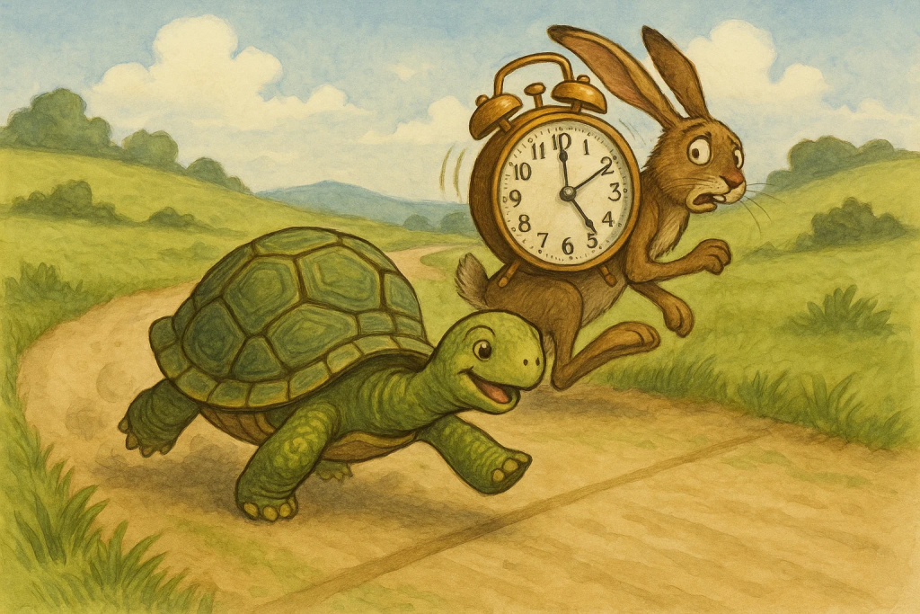 A Turtle Beating A Rabbit In A Race.