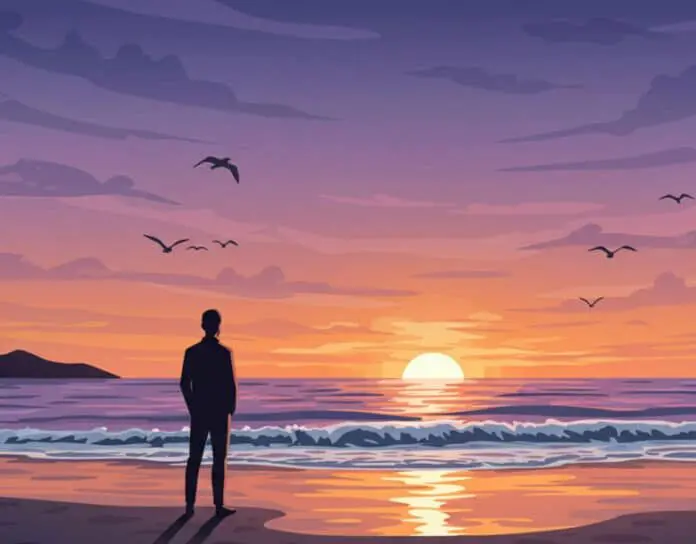 A Man Standing On The Beach As The Sun Rises Or Sets.