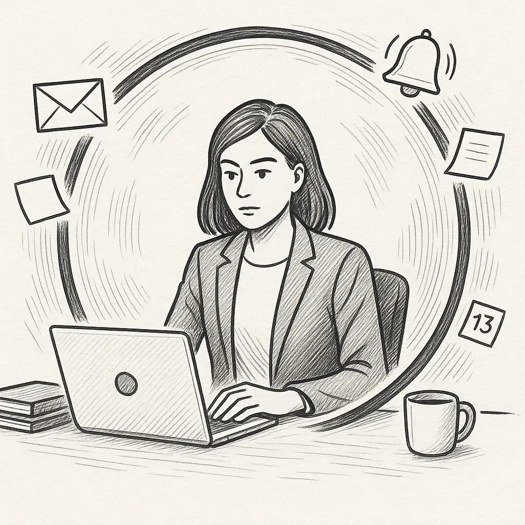 A Woman Sitting At A Computer With Items In The Air Around Her. 