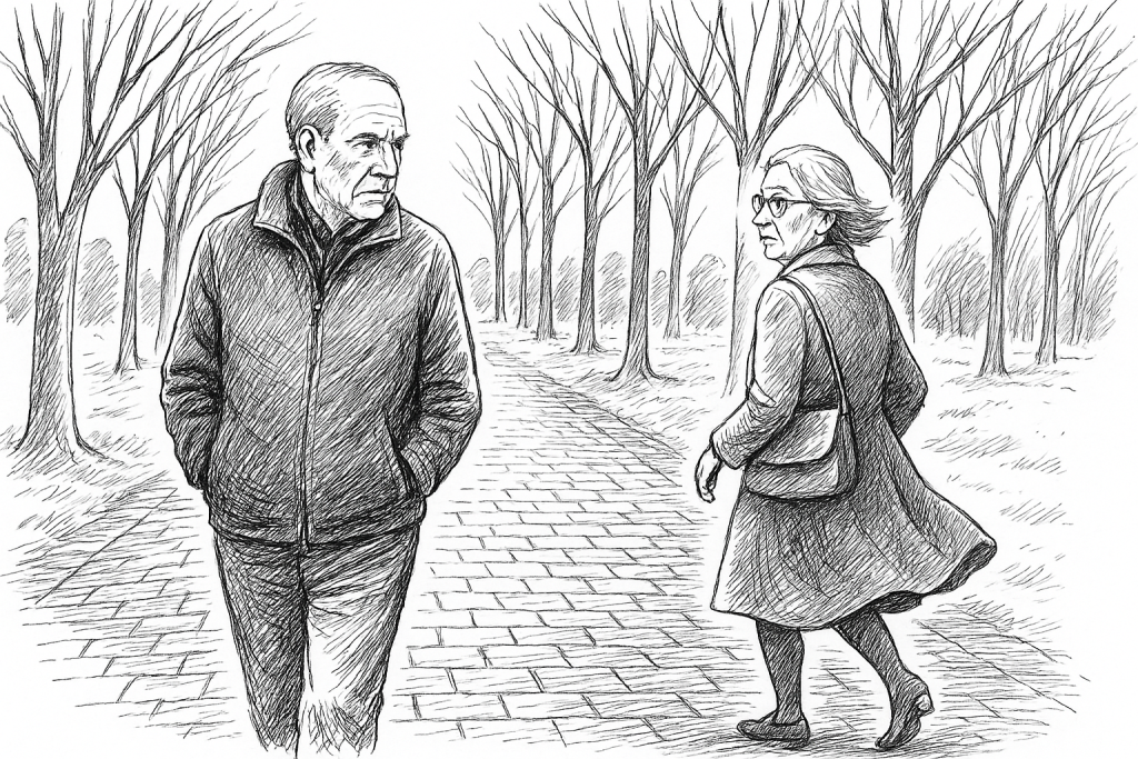 Two Older People Walking By Each Other On A Cold Day.