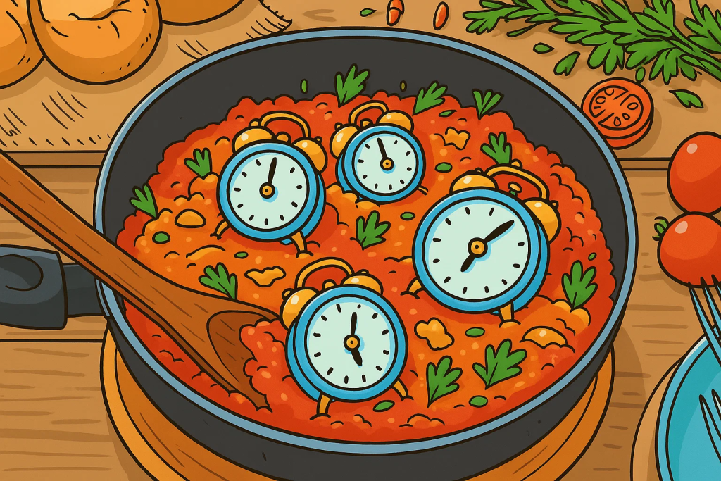 An Image Of Clocks In A Pot Of Stew.