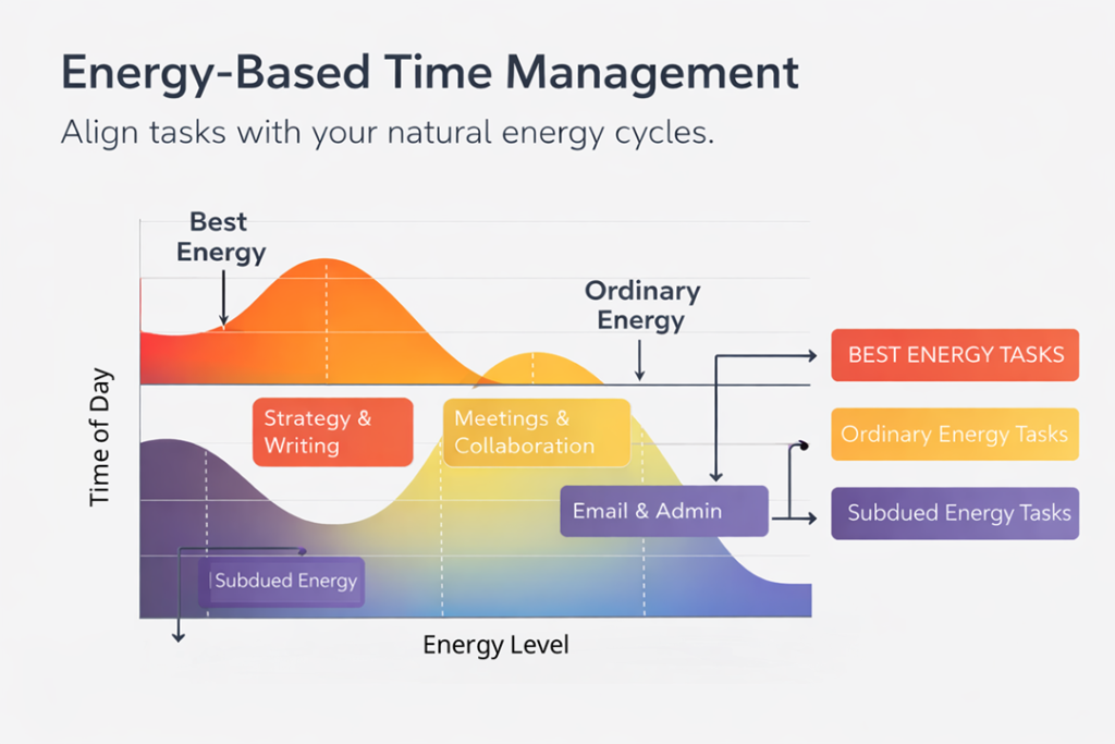 Why Managing Energy Can Beat Managing Time 3 A Graph Explaining The Best Ways To Align Energy And Time Management.