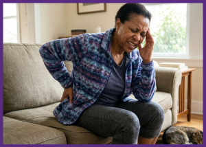 Managing Chronic Pain? Get Help From Allied Health Professionals &Raquo; Gemini Generated Image Of A Black Woman Sitting On A Sofa Grimacing In Pain With One Hand On Her Back Border Added On Canva 1 300X214 1