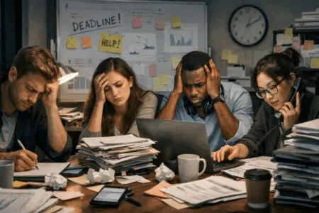 The Perfectionism Trap: Why Your High Standards Might Be Your Team’s Biggest Problem &Raquo; Overworked Team In Stressful Office Environment