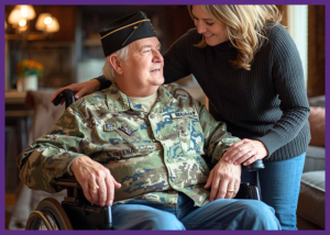 Evaluating Va Medical Foster Homes For Veterans &Raquo; Ai Generated Photo Of A Senior Army Veteran Sitting In A Wheelchair With His Smiling Wife Leaning Over Him Canva Border 1 300X214 1