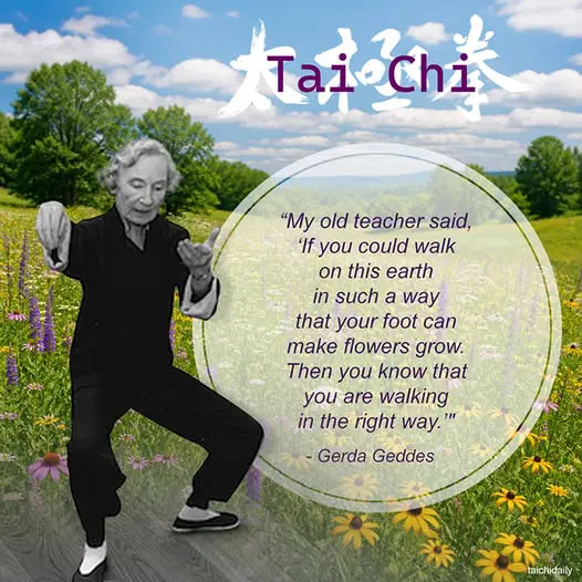 Older Woman Doing Tai Chi Surrounded By Flowers, Trees And A Cloudy Sky