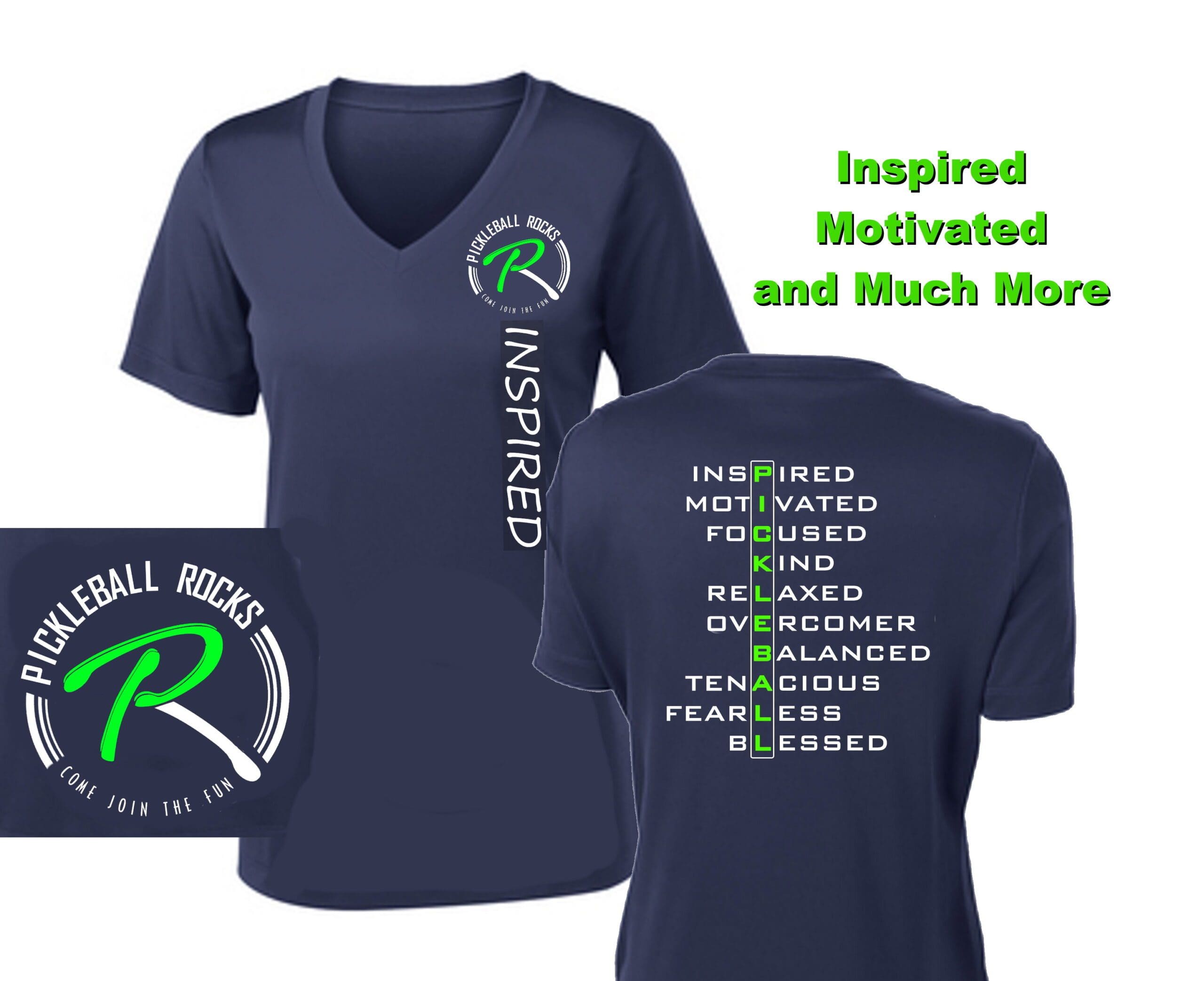 Pickleball Rocks Releases New Apparel: Just In Time For Christmas &Raquo; Pickleball Rocks Ladies Inspired And Motivated 353 Navy Short Sleeve In Lime Scaled 2