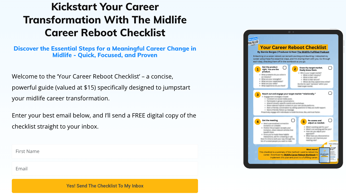 Midlife Career Reboot Checklist | Bernie Borges | Midlife Career Podcast