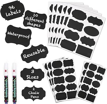 Chalkboard Label Stickers 96Pcs - 9 Assorted Shapes In 3 Sizes With 2 White Chalk Marker