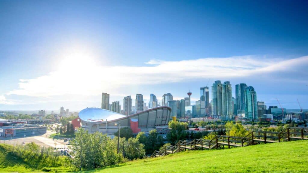 Beautiful Calgary City Skyline From Scotsman’s Hill On A Sunny Day, Canada