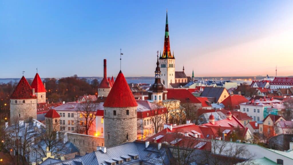 St. Olaf Baptist Church And Tallinn City Wall In The Morning, Tallinn, Estonia