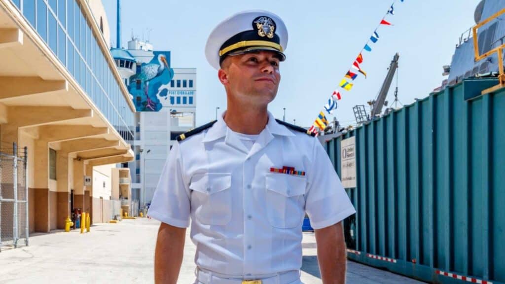 Ft. Lauderdale, Florida, Usa - May 6, 2022 - U.s. United States Navy Officer And Gentleman Speaking Giving Tours Of A Battleship During Fleet Week At Port Everglades Near Miami Homestead Air Station