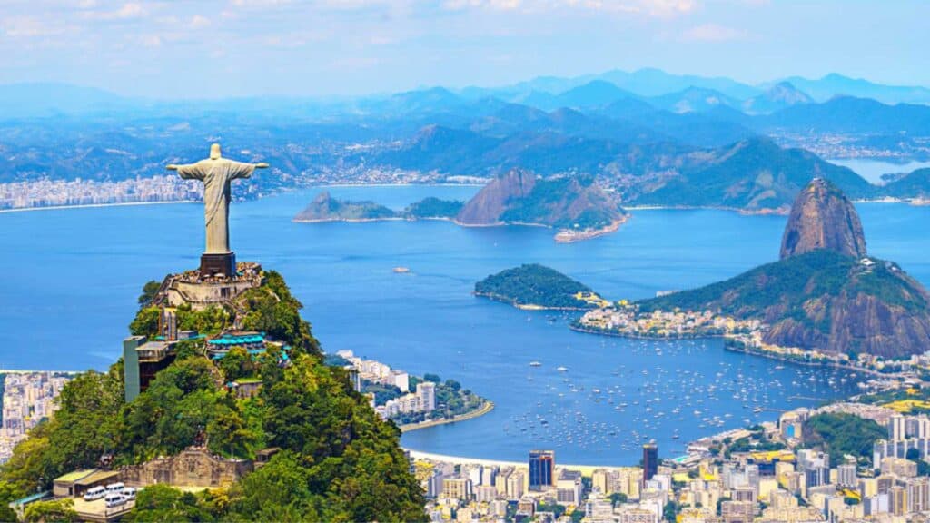 Aerial View Of Rio De Janeiro With Christ Redeemer And Corcovado Mountain. Brazil. Latin America, Horizontal