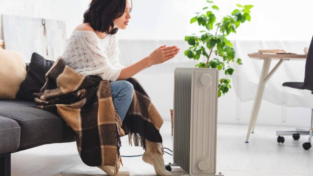 Attractive Young Woman With Blanket In Cold Room With Heater