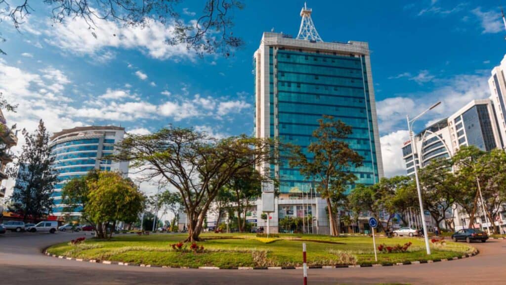 Kigali, Rwanda - September 21, 2018: Pension Plaza And Surrounding Buildings At The City Centre Roundabout