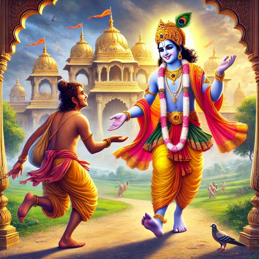 Lord Krishna Is Shown Rushing Barefoot To Receive His Poor Friend Sudama. Krishna Is Depicted In Vibrant Royal Attire, Full Of Joy And Eagerness.