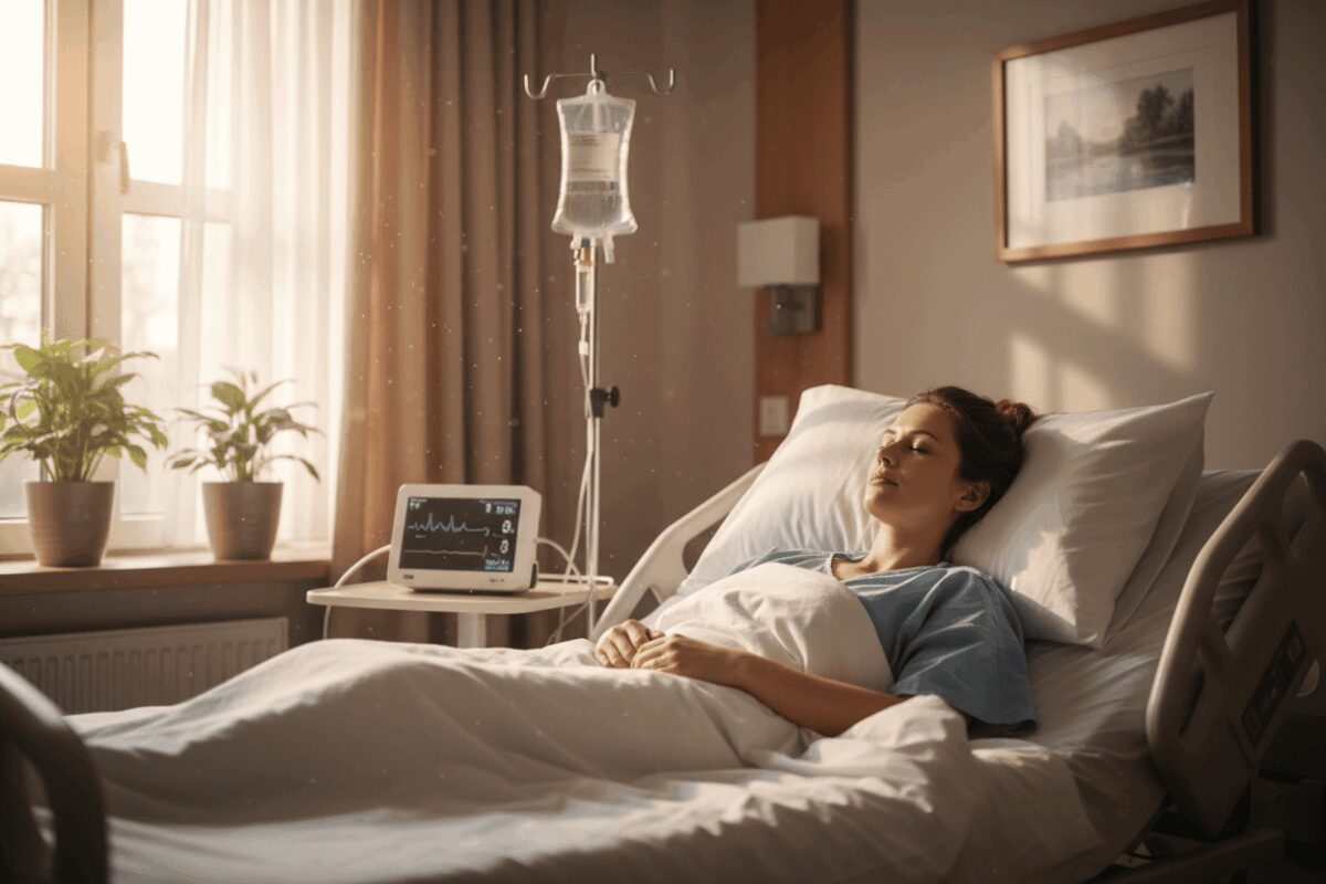 Show A Woman Recovering From Surgery In A Hospital Bed
