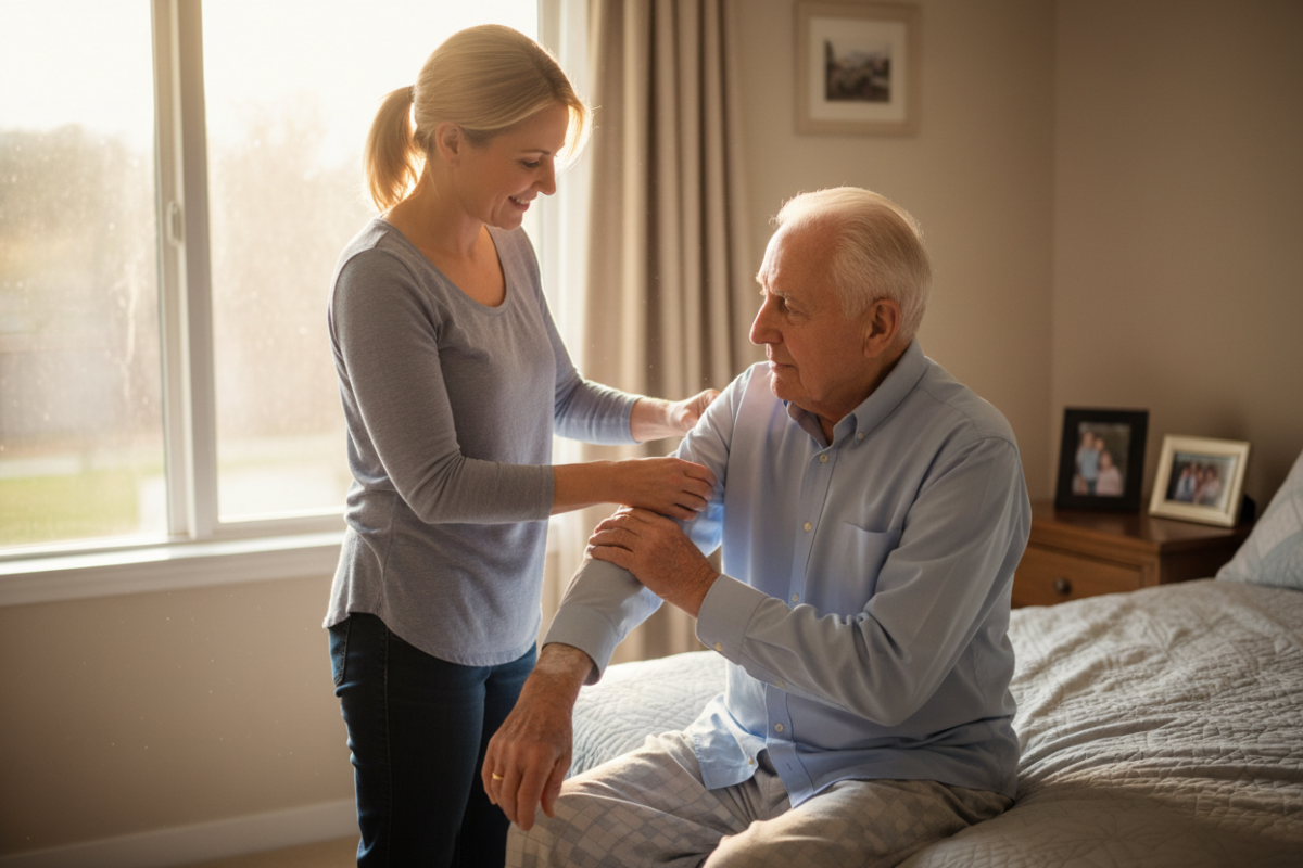 Caregiver Dressing Tips For Seniors With Limited Mobility &Raquo; Caregiver Helping Dad Get Dressed 1 Scaled